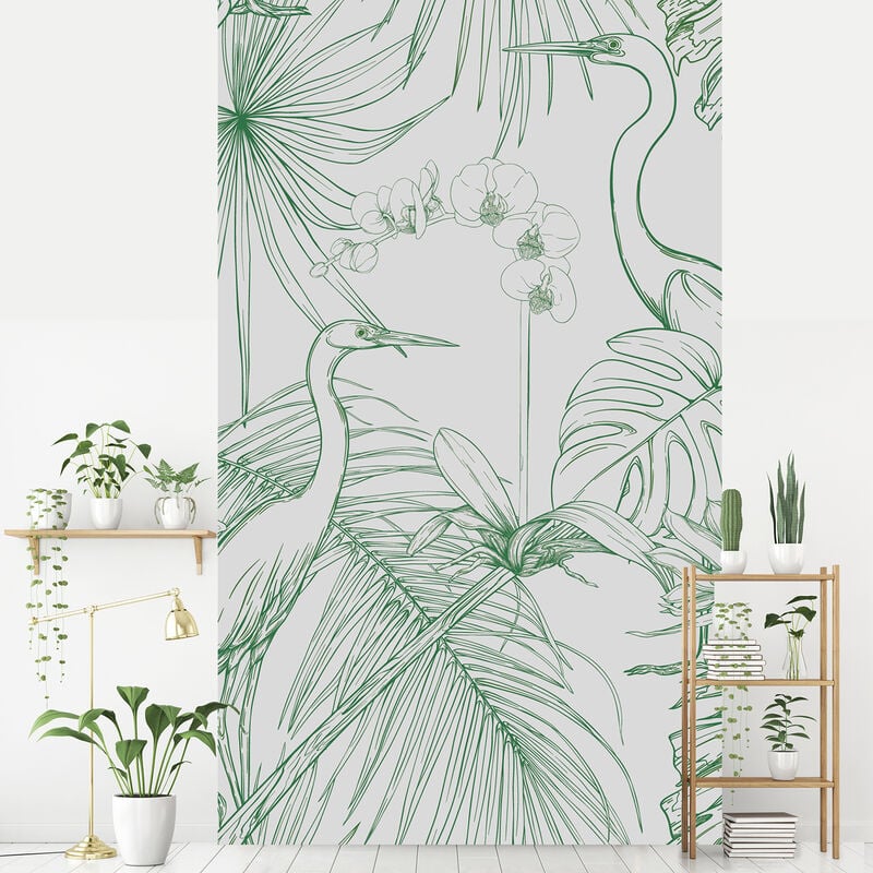 Papier peint intissé Héron vert, orchidées et plantes sauvages sur fond gris, 250 cm x 150 cm.