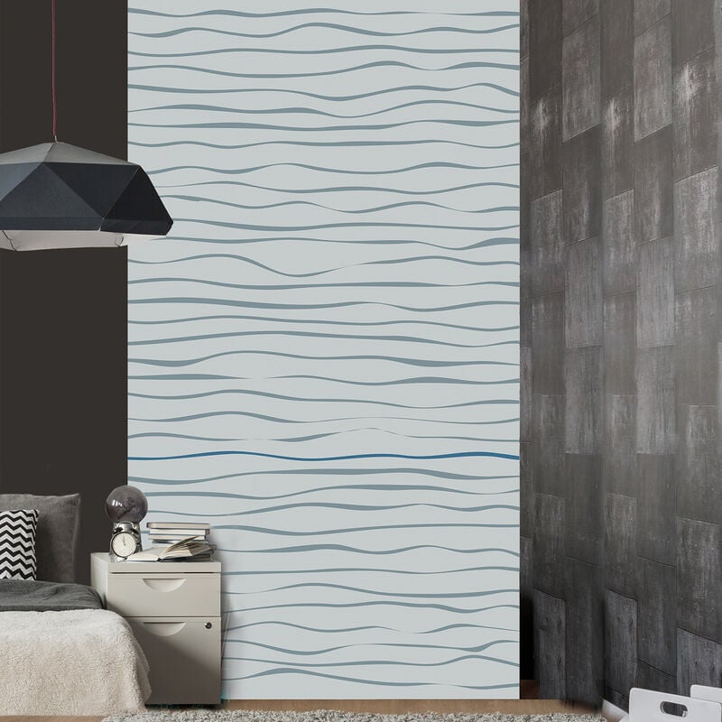 Papier peint intissé gris clair, vagues horizontales et trait bleu, 250x150cm - Déco murale panoramique pour salon, chambre, bureau, etc.