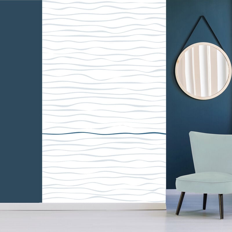 Papier peint intissé motifs vagues bleus clairs et foncé sur fond blanc, 250 cm x 150 cm