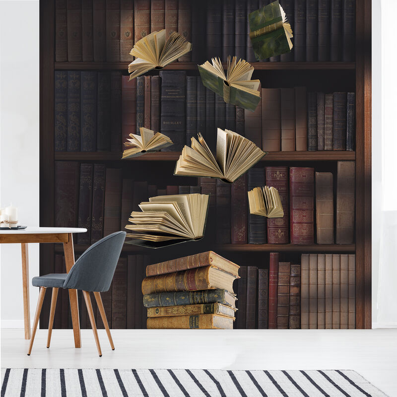 Papier peint intissé vintage, envolée livresque devant bibliothèque ancienne, 250 cm x 250 cm