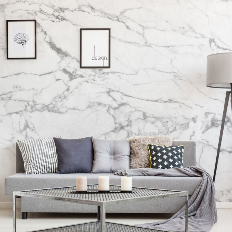 Papier peint intissé Panoramique, Mur de Marbre Blanc, Photo d'une Pierre Naturelle, 250 cm x 270 cm.