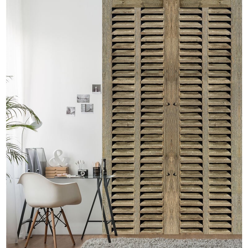Papier peint intissé vintage, persienne en bois marron, style ancien, 250 cm x 150 cm