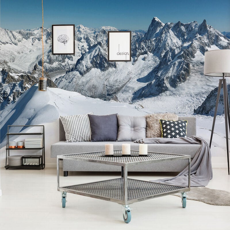 Papier peint intissé panoramique montagnes enneigées, 250 cm x 270 cm - Décoration murale pour votre intérieur.