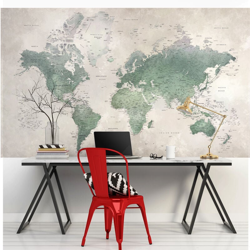 Plage - Papier peint intissé vintage, mappemonde verte, 250 cm x 150 cm