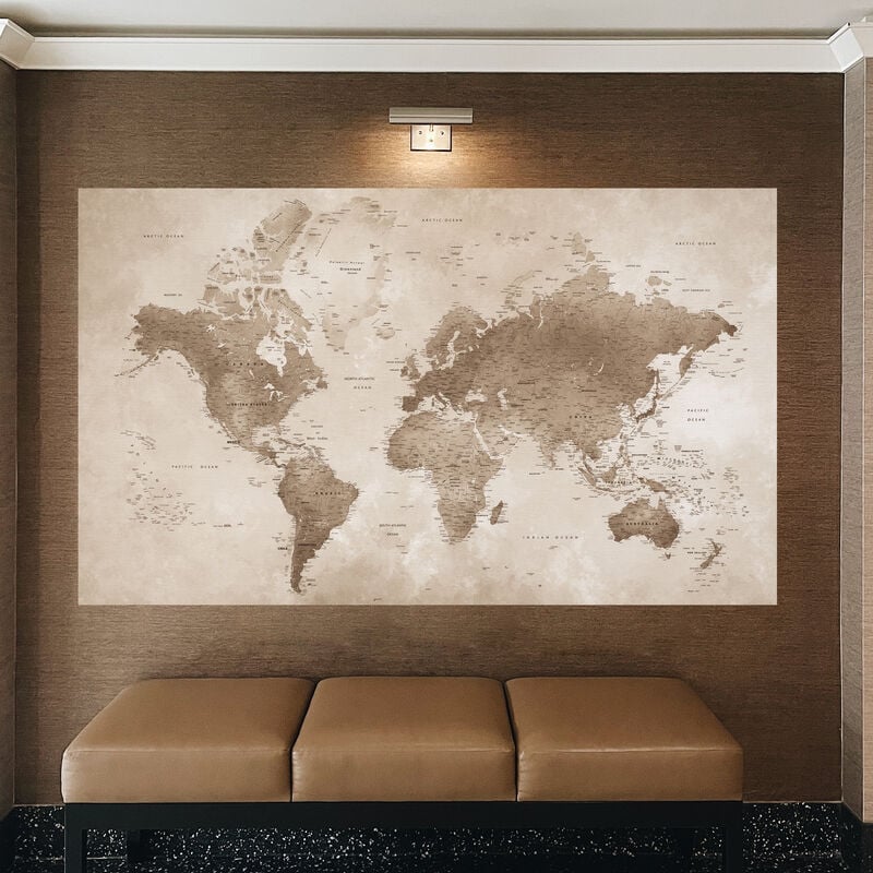 Papier peint intissé vintage, mappemonde marron rustique, 250 cm x 150 cm - Décoration murale unique et originale