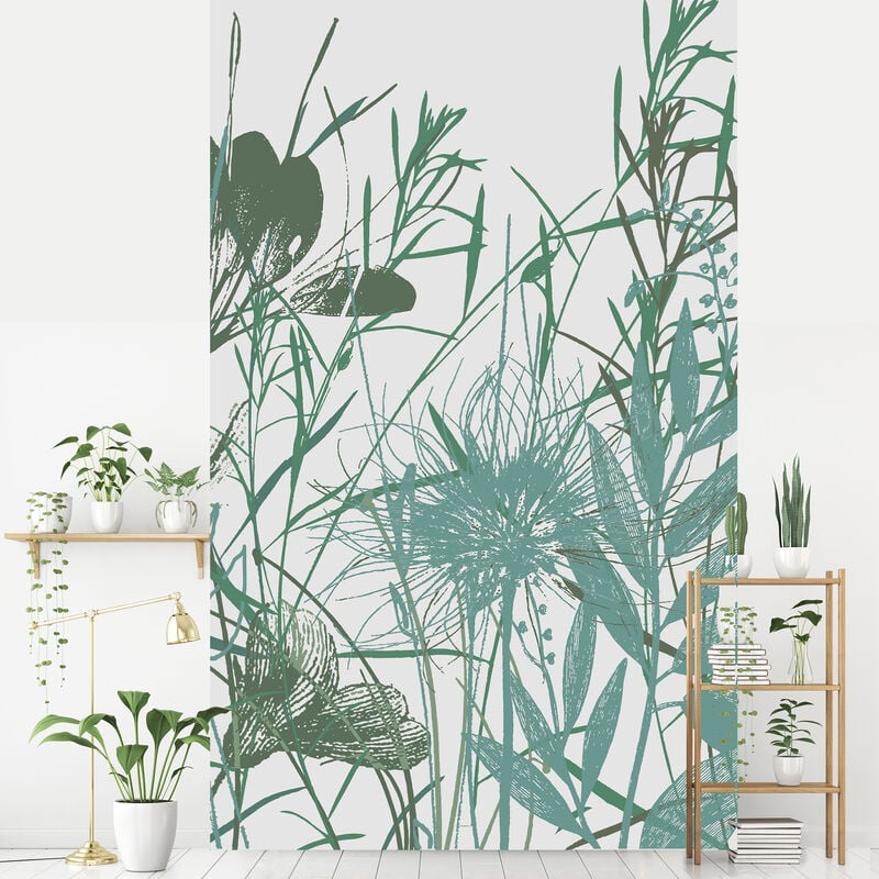Papier peint intissé champêtre, illustration verdure et fleurs, vert dominant, 250 cm x 150 cm