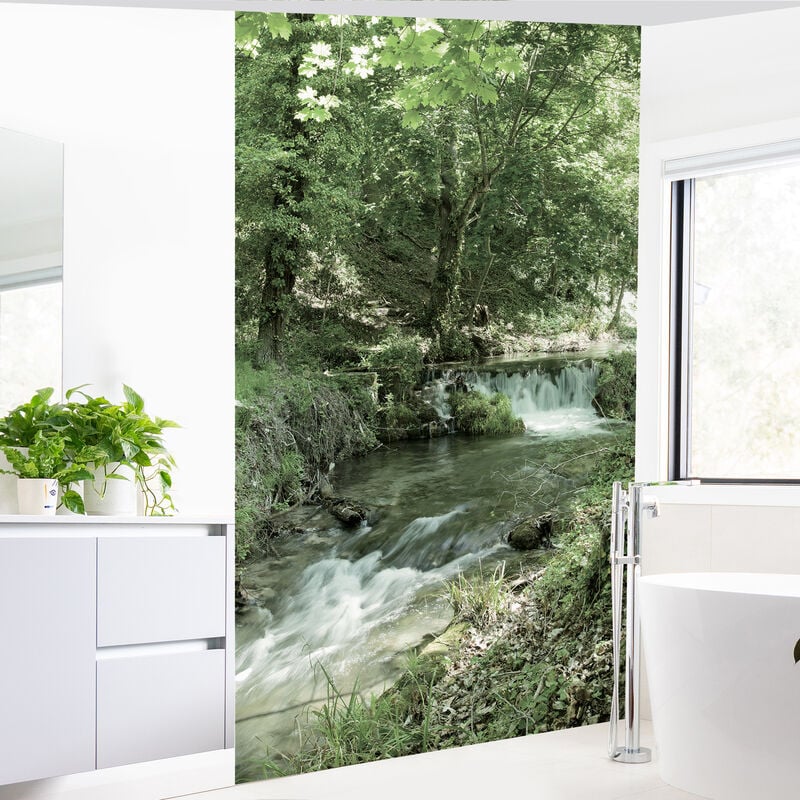 Papier peint intissé panoramique, photo de cascade et de rivière dans la forêt, 250 cm x 150 cm
