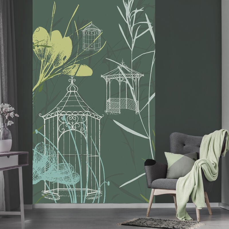 Papier peint intissé 250x150cm, motif pergolas en fer, jardin public, vert foncé, style champêtre.