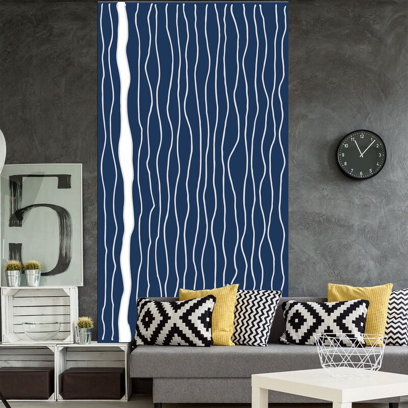 Papier peint intissé blanc motif vagues verticales, épaisseur 250x150cm, sur fond bleu.