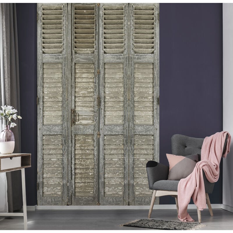 Papier peint intissé vintage, persienne en bois gris, style ancien, 250 cm x 150 cm