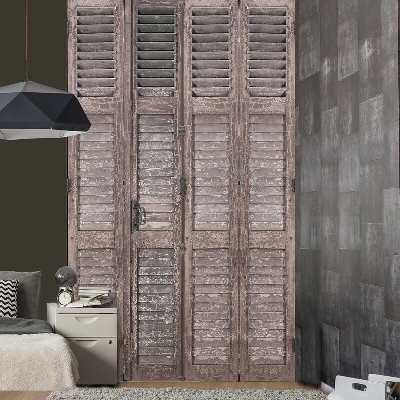 Papier peint intissé vintage, persienne en bois marron foncé, style ancien, 250 cm x 150 cm