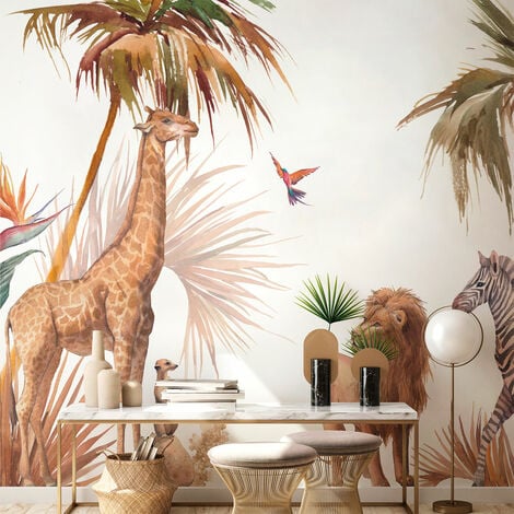Frise adhésive décorative autocollante, sorreisa sauvage, paysage de la  jungle et montagnes avec les animaux oranges, 15 cm X 300 cm