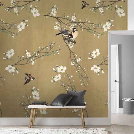Papier peint panoramique printemps japonais 280 x 200 cm – Beige et jaune – Papier cellulose/polyester – Entretien facile avec éponge humide – Art For The Home