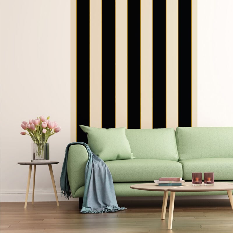 Papier peint panoramique, rayure ardoise et beige vintage souligné ocre, tendance rayure , 250 cm x 150 cm