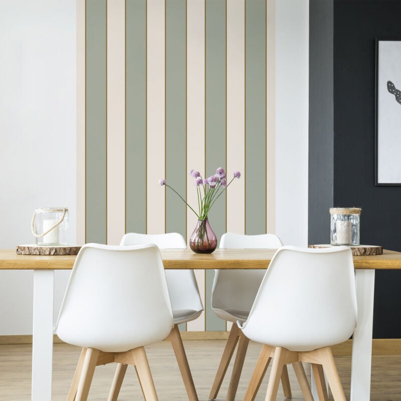 Papier peint panoramique, rayure vert vintage soulignées doré, tendance rayure, 250 cm x 150 cm