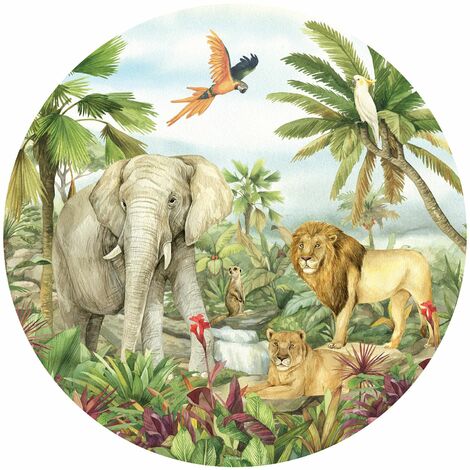 papier peint panoramique rond adhésif animaux de la jungle vert  - Sanders & Sanders