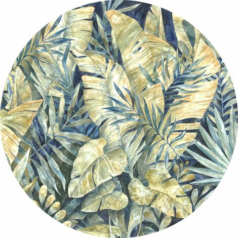 papier peint panoramique rond adhésif Feuilles Tropicales bleu et vert  - Komar