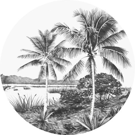 Papier peint panoramique rond adhésif paysage tropical avec des palmiers - 140 x 140 cm de ESTAhome - noir et blanc