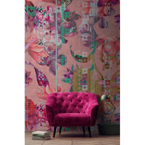 Papier peint panoramique rose tropical | Tapisserie panoramique fleurie idéale salon | Papier peint panoramique ethnique exotique chambre fille - 270 x 400 cm (4 pièces)