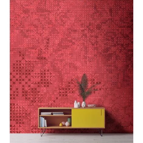 Papier peint panoramique rouge à motifs croix noir | Tapisserie panoramique tendance et lumineux | Papier peint panoramique design idéal couloir - 270 x 400 cm (4 pièces)