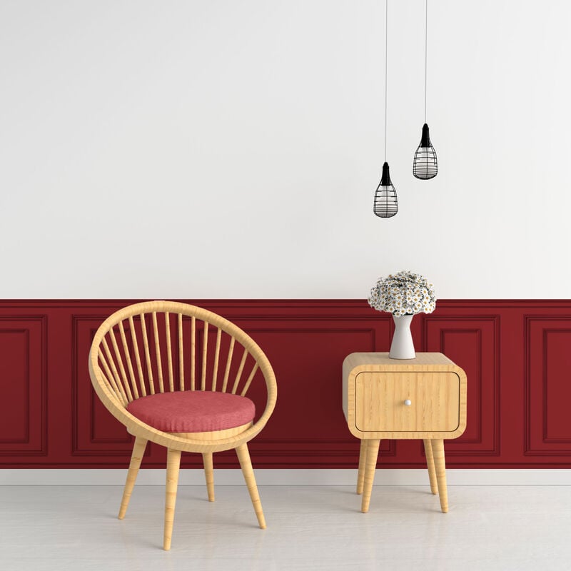 Papier peint panoramique, rouge pourpre, effet trompe l'oeil, boiseries soubassement, 75 cm x 200 cm