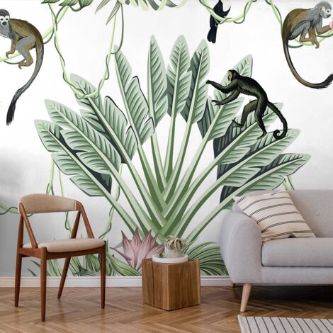 Papier peint panoramique singes et flamants tropicaux papier peint