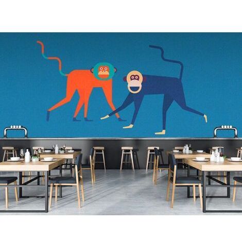 Papier peint panoramique singes pour chambre d'enfant Tapisserie panoramique bleue et orange Papier peint panoramique animaux original