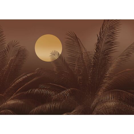 papier peint panoramique soleil tropical et palmiers marron terracotta  - Komar