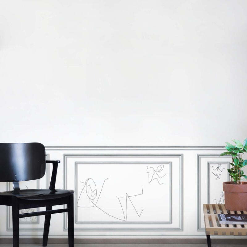 Papier peint bois trompe l'oeil, motif personnages rigolots, 75 cm x 200 cm, soubassement panoramique boiserie.