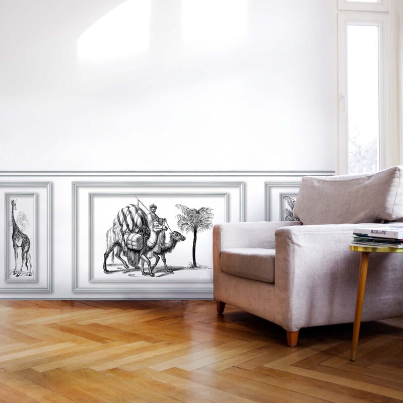 Papier peint bois africain trompe l'oeil 75x200cm, panoramique, avec soubassement boiserie, décoration murale.