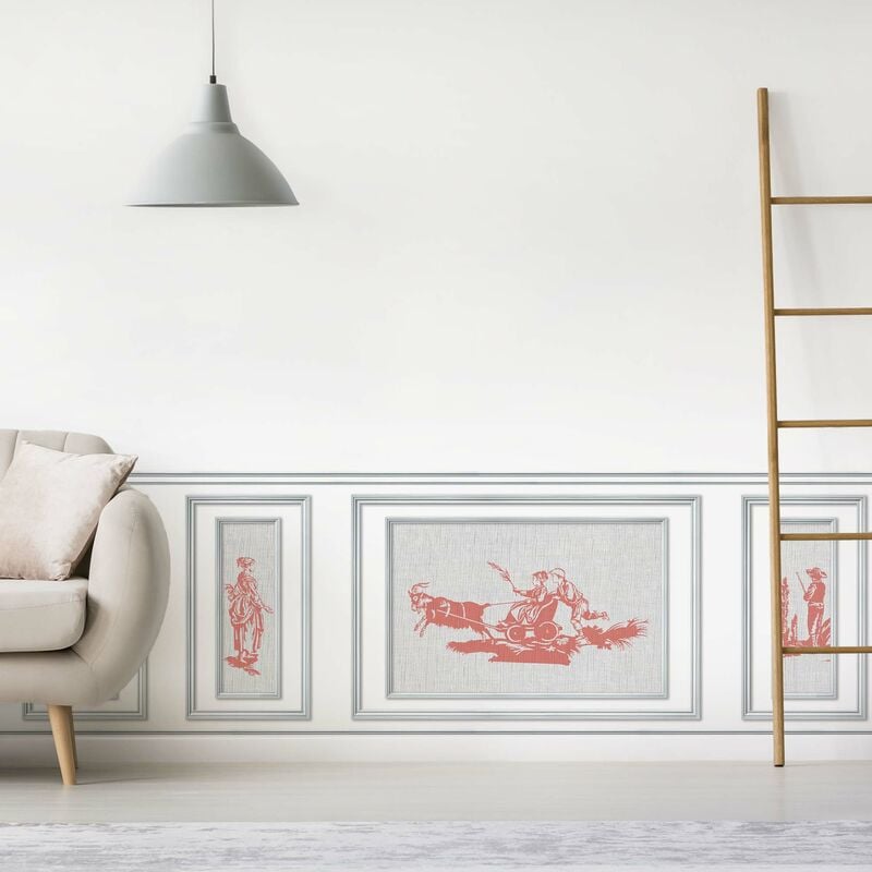 Papier peint boiserie trompe l'oeil, toile de jouy, 75x200cm, illustration panoramique, décor intérieur mural