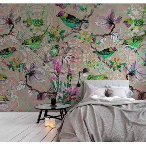 Papier peint panoramique sur fond beige | Tapisserie panoramique florale rose et verte pour bureau | Papier peint panoramique à motif oiseau - 270 x 400 cm (4 pièces)