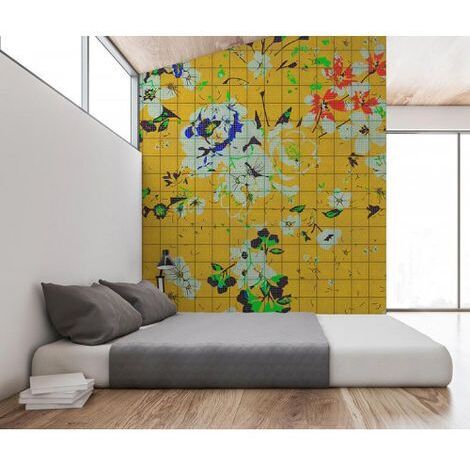 Papier peint panoramique tendance pour salon Tapisserie panoramique fleurie jaune Papier peint panoramique fleurs roses