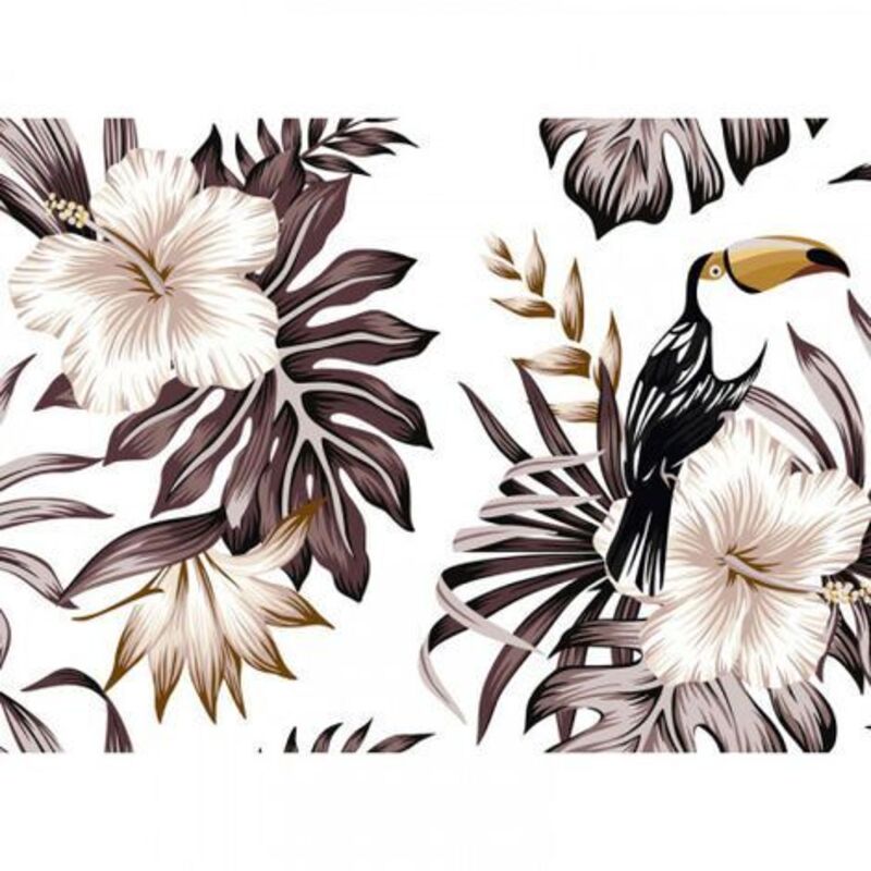 Papier peint panoramique floral original Tapisserie panoramique animaux pour salon Papier peint panoramique toucan pour chambre - beige, orange,