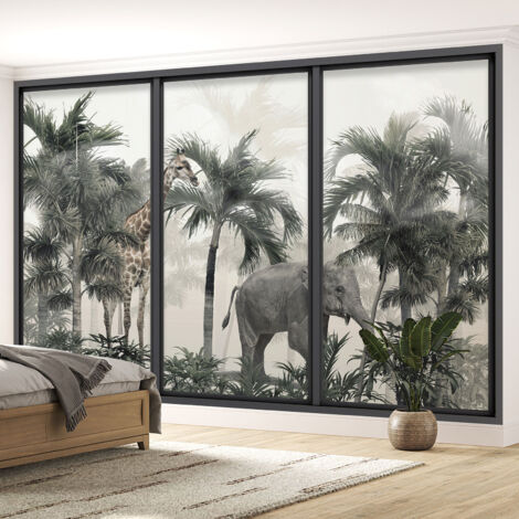 Papier peint panoramique Trompe l'oeil baie vitrée - Animaux de la jungle - 130 cm x 78 cm