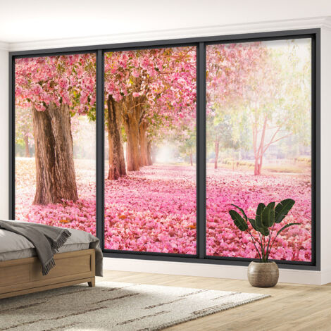Papier peint panoramique Trompe l'oeil baie vitrée - Arbres fleurs roses - 287 - 130 cm x 78 cm