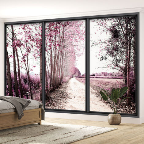 Papier peint panoramique Trompe l'oeil baie vitrée - Chemin forêt - 130 cm x 78 cm
