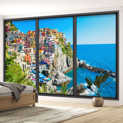 Papier peint panoramique Trompe l'oeil baie vitrée - Cinque terre - 130 cm x 78 cm