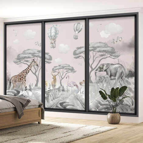 Papier peint panoramique Trompe l'oeil baie vitrée - Enfants - Animaux de la jungle - 130 cm x 78 cm