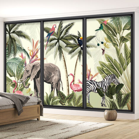 Papier peint panoramique Trompe l'oeil baie vitrée - Enfants - Animaux de la jungle - 130 cm x 78 cm