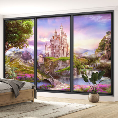 Papier peint panoramique Trompe l'oeil baie vitrée Enfants - Château - 130 cm x 78 cm