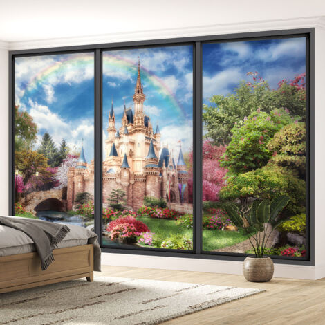 Papier peint panoramique Trompe l'oeil baie vitrée Enfants - Château arc-en-ciel - 130 cm x 78 cm