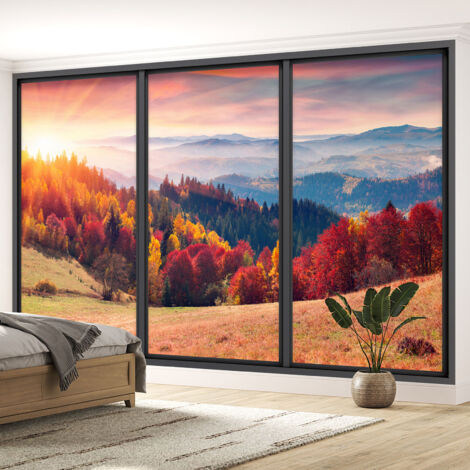 Papier peint panoramique Trompe l'oeil baie vitrée - Forêt automne - 098 - 130 cm x 78 cm