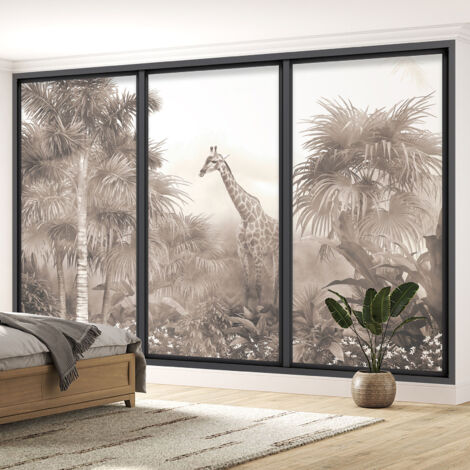 Papier peint panoramique Trompe l'oeil baie vitrée - Jungle Girafe - 130 cm x 78 cm