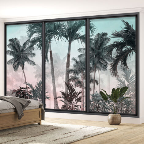 Papier peint panoramique Trompe l'oeil baie vitrée - Palmiers - 130 cm x 78 cm