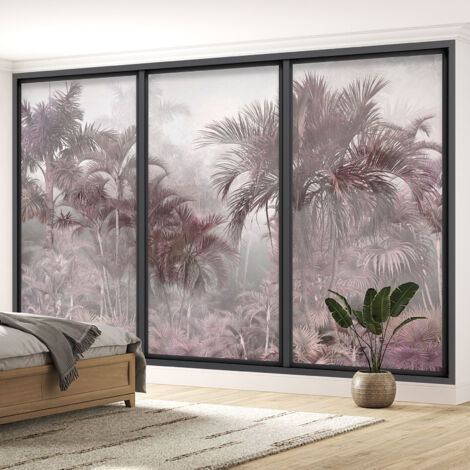 Papier peint panoramique Trompe l'oeil baie vitrée - Palmiers - 195 cm x 117 cm