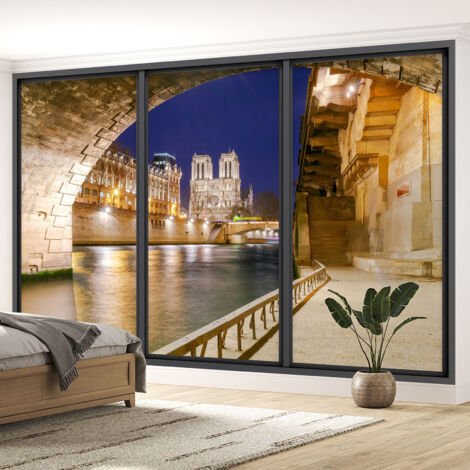 Papier peint panoramique Trompe l'oeil baie vitrée - Paris - 195 cm x 117 cm