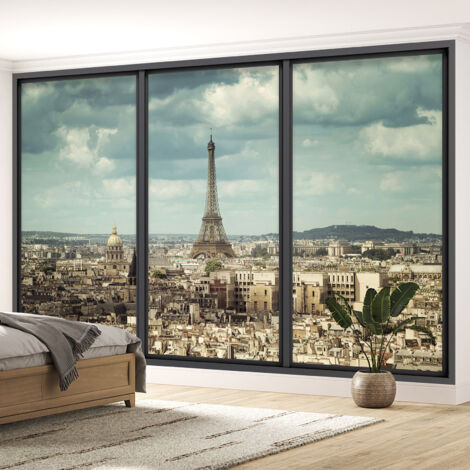 Papier peint panoramique Trompe l'oeil baie vitrée - Paris tour eiffel - 130 cm x 78 cm