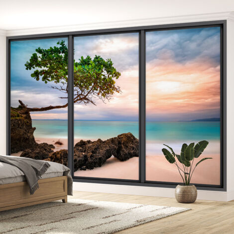 Papier peint panoramique Trompe l'oeil baie vitrée - Plage - 195 cm x 117 cm