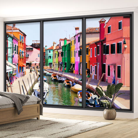 Papier peint panoramique Trompe l'oeil baie vitrée - Ville burano - 130 cm x 78 cm